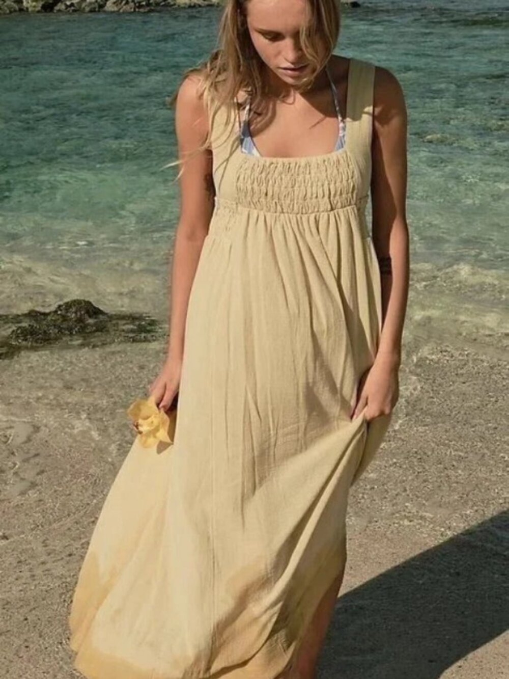 Free People Delphine Midi Dress Sleeveless Pull On Smocked XS